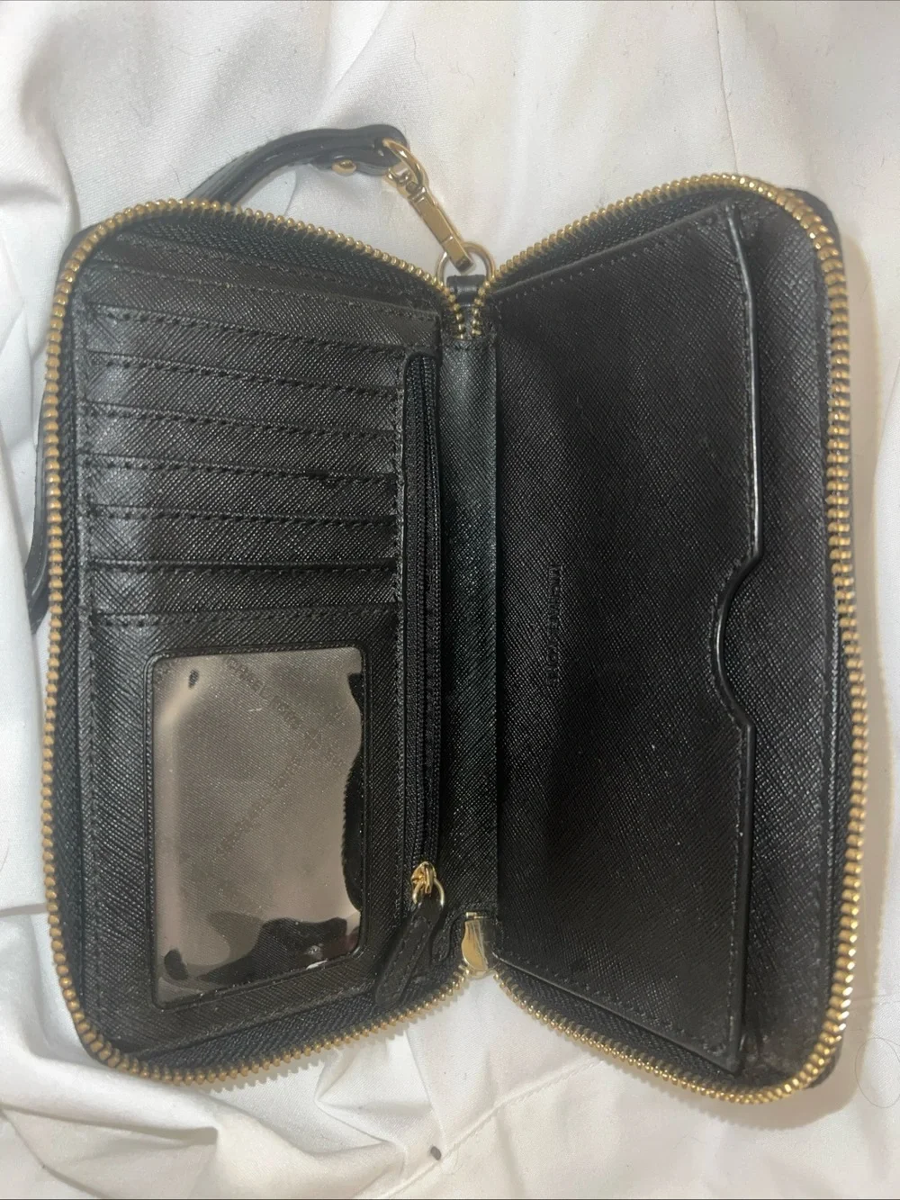 Michael Kors Black Leather Floral Embossed Zip Wallet with Gold Hardware